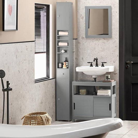 SoBuy Bathroom Narrow Storage Cabinet Skinny Tall Unit with Adjustable Shelves Slender Anti-Tipping Floor Standing Cupboard, Gray BZR34-HG - ModernBath