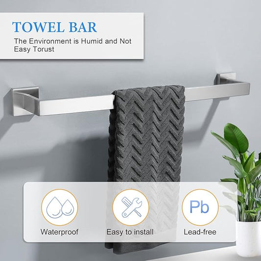Brushed Nickel Bathroom Towel Bar Set Bathroom Accessories Hardware Set Including Double Towel Bar Towel Ring Coat Hook and Toilet Paper Holder with Shelf. Wall Mounted Stainless Steel