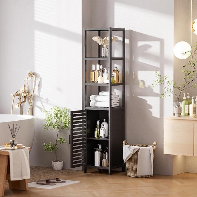 HITNET Bathroom Cabinet Freestanding, Tall Slim Bamboo Storage Cabinet with Shelves and Door, Space Saving Kitchen Cupboard Organizer, Black - ModernBath