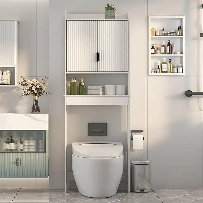 Bathroom Over The Toilet Storage Cabinet,Farmhouse Over The Toilet Storage with 2 Wave-Pattern Doors and Open Storage Shelf,Space Saver Behind Toilet Bathroom Organizer for Restroom/Laundry - ModernBath