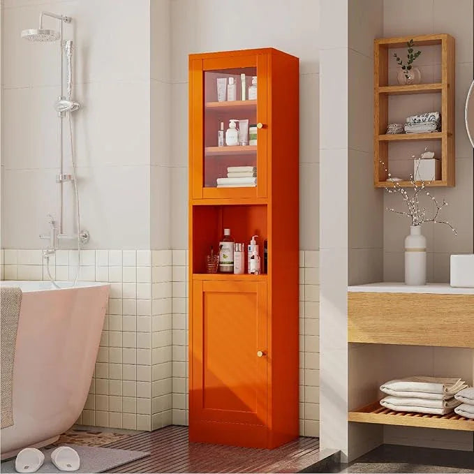 Metal Bathroom Storage Cabinet, 67" Tall Narrow Freestanding Floor Cabinet with Adjustable Shelves and Open Compartment, Slim Metal Locker for Laundry, Kitchen, Dining Room - ModernBath