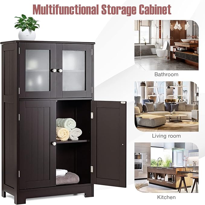 Tangkula Bathroom Floor Cabinet, Freestanding Storage Cabinet w/Glass Doors, Wood Kitchen Cupboard w/Adjustable Shelf, Bathroom Storage Cabinet for Hallway Living Room Office (Cabinets, Brown)