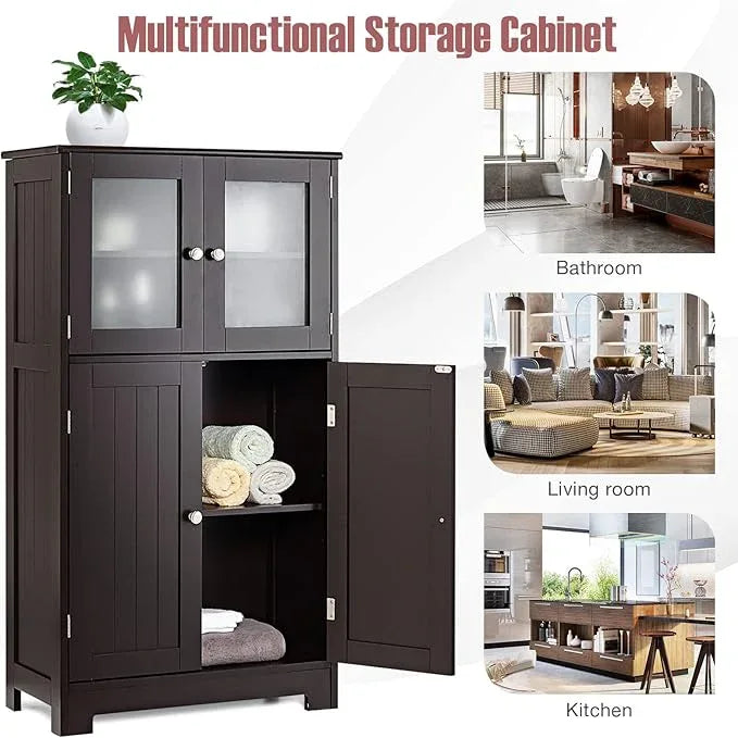 Tangkula Bathroom Floor Cabinet, Freestanding Storage Cabinet w/Glass Doors, Wood Kitchen Cupboard w/Adjustable Shelf, Bathroom Storage Cabinet for Hallway Living Room Office (Cabinets, Brown) - ModernBath