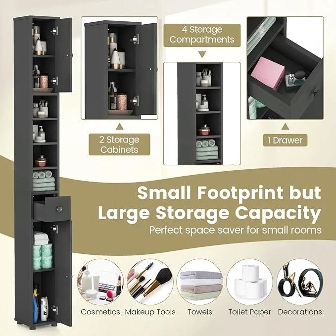 Tangkula Tall Slim Bathroom Storage Cabinet, 71" Freestanding Bathroom Cabinet w/ 2 Doors, 1 Drawer & 5 Adjustable Shelves, Floor Narrow Tower Cabinet for Small Spaces, 8" x 8" x 71" (Grey) - ModernBath