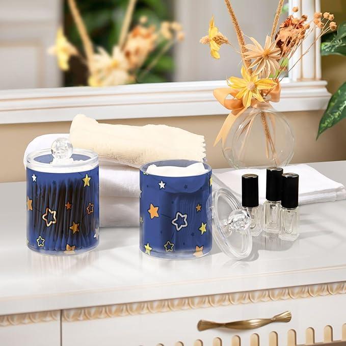 Tatenale Qtip Holder Bathroom Set Q tip Cotton Ball Swab Pad Dispenser Container Organizer Plastic Jars with Lids Storage 2Pack Stars Navy Blue - ModernBath