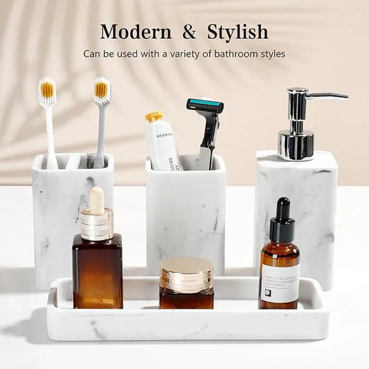 YMXYJM Bathroom Accessories Set, 4 Pcs Bathroom Accessory Set, Soap Dispenser, Toothbrush Holder, Qtip Holder Set, Bathroom Sets Complete, Bathroom Sink Set for Modern Home Decor, White - ModernBath