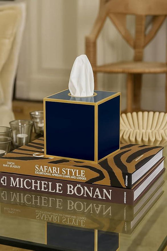 Jaye’s Studio Decorative Tissue Box Holder Square – Indigo Blue Tissue Box Cover Gold Tissue Holder for Bathroom Accessories Countertop, Farmhouse Bedroom Decor, Office Metal Tissue Box Covers Cube - ModernBath