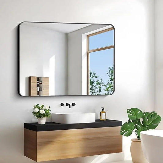 BONEWEI 30x40 inch Bathroom Mirror,Black Rectangle Mirror,Wall Mounted Bathroom Frame Vanity Mirror with Round Corner for Bedroom Living Room, Entryway Hangs Horizontal or Vertical - ModernBath