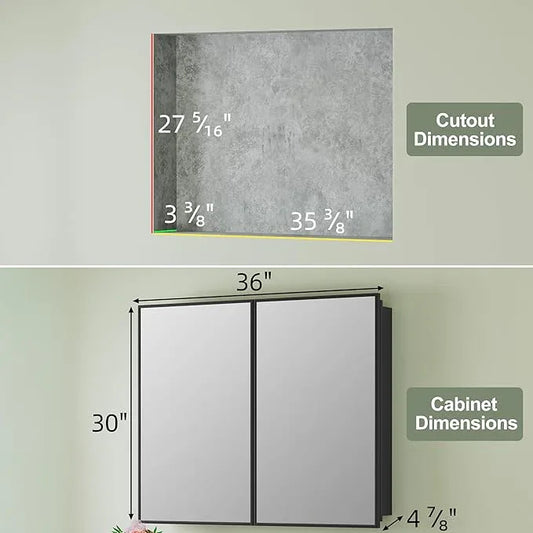 Buruis 36" x 30" Framed Medicine Cabinet with Mirror, Recessed or Wall Mounted Bathroom Cabinet, Adjustable Tempered Glass Shelves, Left/Right Open Reversible, No Assembly Required, Black - ModernBath