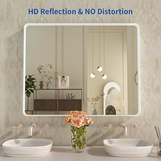 WEER White Bathroom Mirror 40X30 Inch, Rounded Rectangle White Metal Frame Mirror, Matte White Bathroom Vanity Mirror with Tempered Glass, Anti-Rust, Hangs Horizontally or Vertically - ModernBath