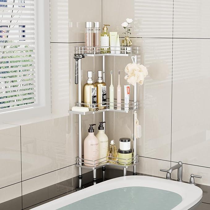 Consumest Corner Shower Caddy Standing - 3-Tier Stainless Steel Shower Organizer with Soap Holder and 4 Hooks, Large Capacity Corner Shelf Stand for Bathroom, Rest Room, Silver - ModernBath