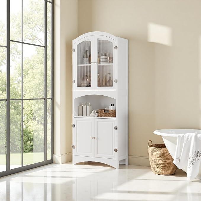 Kitchen Pantry Cabinet, Upgraded All Painted Tall Bathroom Cabinet, Modern White Kitchen Hutch W/Microwave Stand & Fluted Glass Doors, White Wooden Storage Cabinet for Living Dining Room - ModernBath