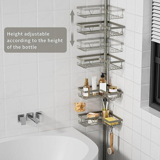 KEGII Shower Caddy Tension Pole, 4-Tier Rustproof Adjustable Corner Bathroom Organizer for Renters, 25–114.2 Inch No Drill Space-Saving Shower Storage Rack, Silver Gray - ModernBath