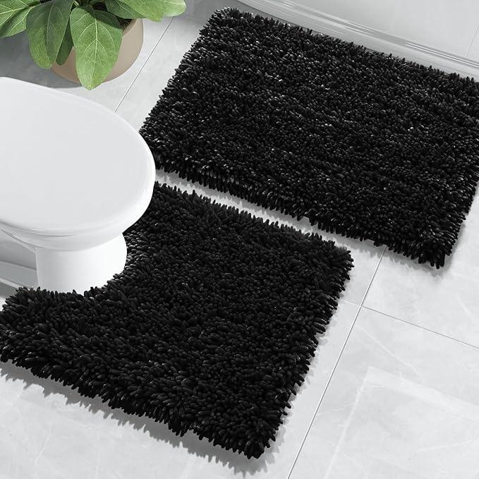 Yimobra Bathroom Rugs Sets 2 Piece, Soft Absorbent Bath Mat and U-Shaped Toilet Rug with Non Slip Backing, Luxury Shaggy Bath Mats for Bathroom, Machine Washable, 24"x17"+24"x20", Black - ModernBath