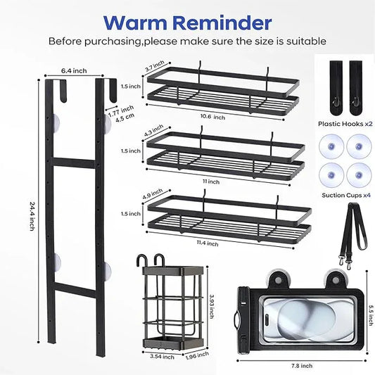 WEYALLE Over the Door Shower Caddy Hanging, Rustproof Shower Shelves with Waterproof Phone Pouch, 3-Tier Adjustable Bathroom Organizers and Storage, No Drilling Shower Shelf, Black Shampoo Soap Holder - ModernBath