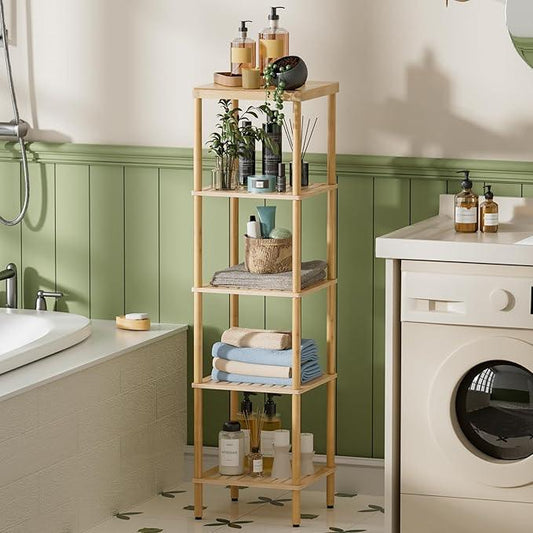 AmazerBath 5-Tier Bamboo Bathroom Shelf, Bathroom Standing Shelves, Multifunctional Shelving Unit for Living Room Bedroom Kitchen, Natural Color - ModernBath