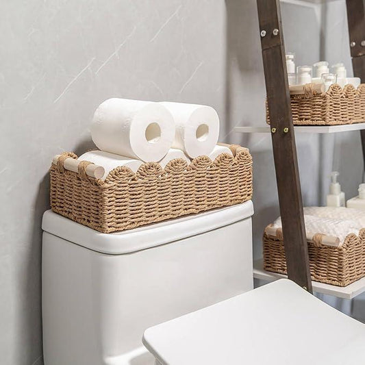 CubesLand Paper Rope Scalloped Edge Decor Baskets for Home, Living Room, Bedroom, Toilet Basket for Over Toilet Storage Shelf, End Table, Shelves and More, Both Storage&Decor, Set 2 Neutral - ModernBath