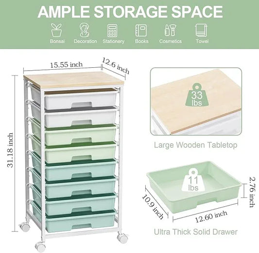 Rolling Storage Utility Cart Organizers with 8 Drawers and Wooden Tabletop for Living Room,Office,Classroom,Craft Room,Bedroom,Dorm,Green - ModernBath