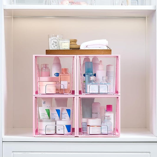 Vtopmart 4 Pack Large Stackable Storage Drawers,Pink,Easily Assemble Acrylic Bathroom Closet Undersink Organizers and Storage,Plastic Bins for Kitchen Cabinets,Pantry,Makeup,Medicine Organization