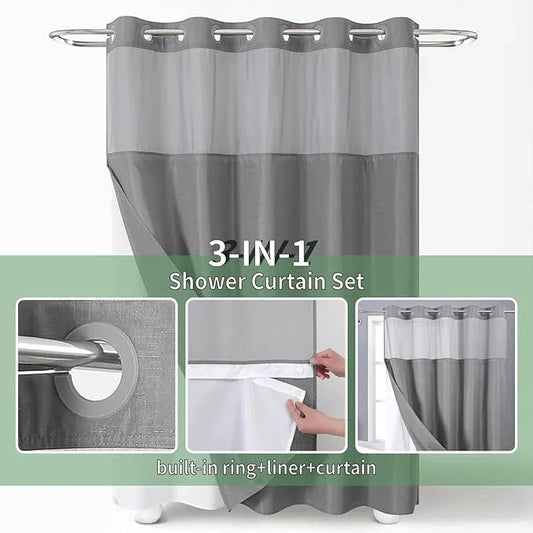 eachope Grey No Hook Shower Curtain with Snap-in Fabric Liner Set,Slub Textured Fabric Shower Curtains for Bathroom,Hotel Style Modern Shower Curtain,Water Repellent & Washable,71x77(75) - ModernBath