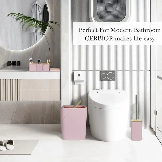 CERBIOR Bathroom Accessories Set 6 Piece Bamboo Bath Ensemble Includes Soap Dispenser, Toothbrush Holder, Toothbrush Cup, Soap Dish for Decorative Countertop and Housewarming Gift (Pink) - ModernBath