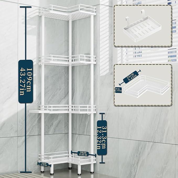 Consumest Corner Shower Caddy Standing - 4-Tier Stainless Steel Shower Organizer with Soap Holder and 4 Hooks, Large Capacity Corner Shelf Stand for Bathroom, Rest Room, White - ModernBath