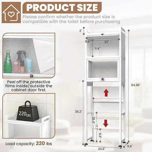 ZZL Over The Toilet Storage Cabinet,3-Tier,Bathroom Toilet Organizer,Waterproof, Cabinet Door Design,Freestanding Space Saver with 4 Hooks for Bathroom,White - ModernBath