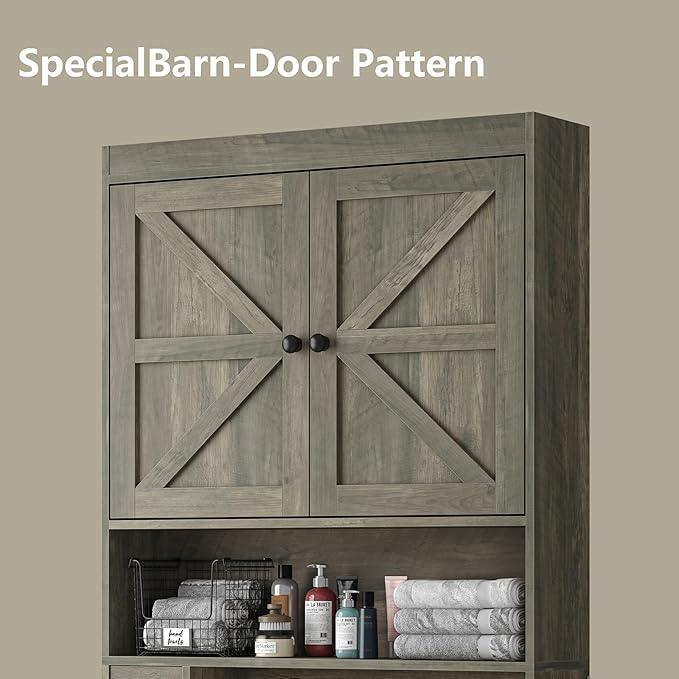 Furnideco 32.3''W Over The Toilet Storage Cabinet with Barn Doors, Over Toilet Shelf Farmhouse Storage Cabinet Space Saver with Toilet Paper Holder & Adjustable Bottom Bar, Gray - ModernBath
