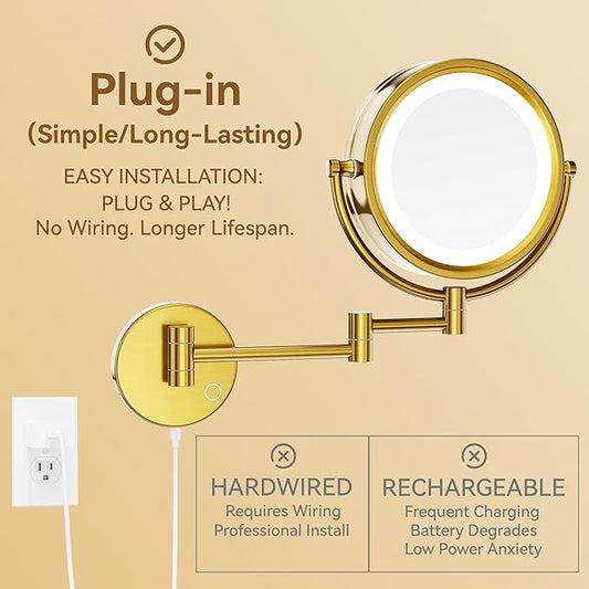 GURUN 8.5" Plug-in Magnifying Makeup Mirror with 3 Tones Dimmable LED Lights Double Sided Touch Control Wall Mounted Vanity Mirror for Bathroom with 10X Magnification M1809DGJ-T (Brushed Gold)