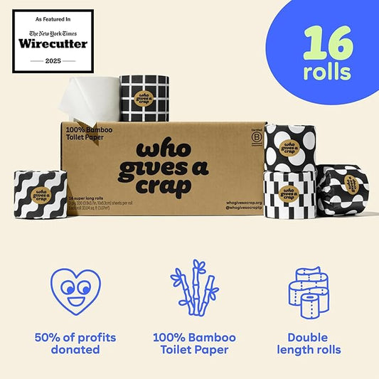 Who Gives A Crap 100% Bamboo Toilet Paper, 16 Rolls, 3 Ply, 330 Sheets, Long, Strong & Soft Toilet Tissue, Sustainable, Biodegradable, Renewable, Tree Free Bathroom Tissue Made with Bamboo Fibers