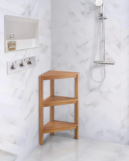 TEAK VALLEY Fully Assembled Teak Corner Bath Shower Storage Stand, Corner Shelves, Shower Caddy 26.5" - ModernBath