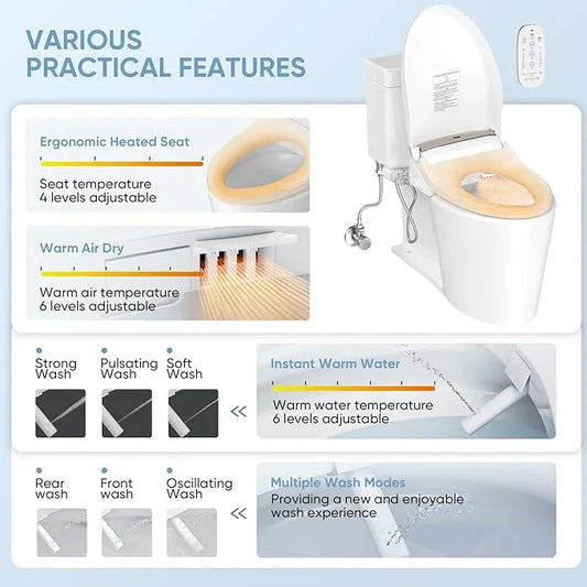 LEIVI Electric Bidet Toilet Seat with Wireless Remote and Side Panel, Multiple Spray Modes, Adjustable Heated Seat, Warm Water and Air Dryer, Auto LED Nightlight, Elongated - ModernBath