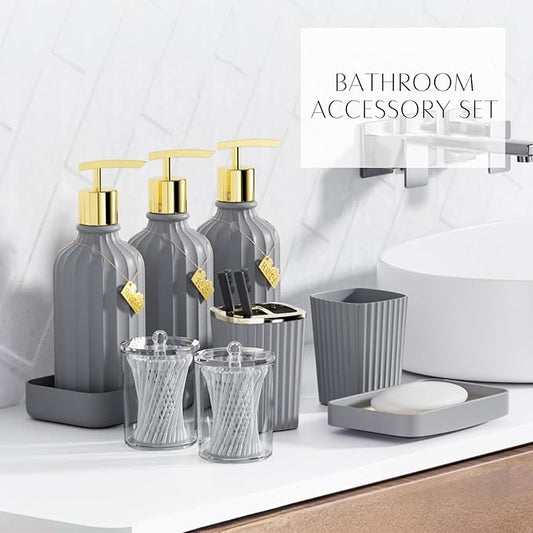 WSBArt 32PCS Bathroom Sets with Shower Curtain and Rugs-Grey Bathroom Accessories,Non Slip Bathroom Rugs Set with Toilet Lid Cover, Waterproof Shower Curtain, 3PC Soap Dispenser with Trash Can