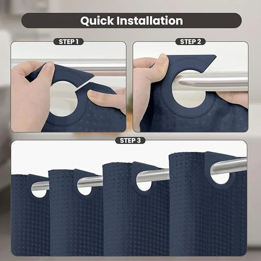 Inhousolu No Hook Waffle Weave Shower Curtain with Removable Snap in Fabric Liner Set for Bathroom, 230 GSM Heavy Duty Weighted Hem, Water Repellent Washable Bath Curtains, 72 x 72 Inch, Navy Blue - ModernBath