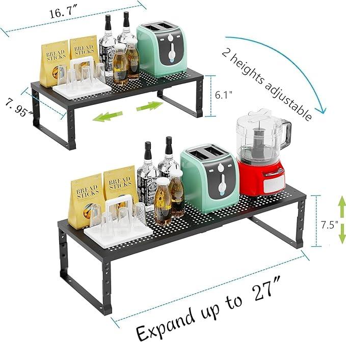 Expandable Cabinet Shelf Organizer Storage Spice Rack Shelves for Kitchen Stackable Adjustable Pantry Cupboard Bathroom Countertop Desktop(2Packs/Black/Medium-with Hole) - ModernBath