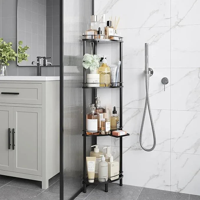 ELYKEN Corner Shower Caddy Standing, 4 Tier Rustproof Metal Shower Organizer with Soap Holder, Floor Shower Corner Shelf Rack Storage Stands with Adjustable Feet & 2 Hooks for Bathroom, Black - ModernBath