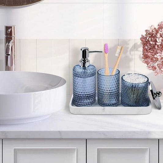 Bathroom Accessories Set,4 Pcs Blue Glass Bathroom Accessories Sets-Lotion Soap Dispenser,Toothbrush Holder,Qtip Holder Dispenser & Resin Vanity Tray,Countertop Vanity Organizer,Blue - ModernBath