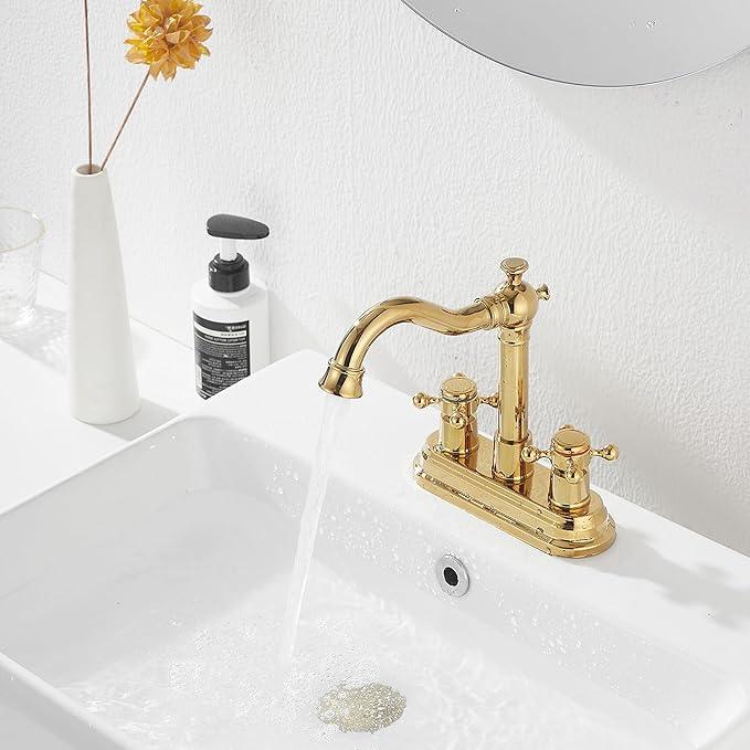 Bathroom Faucet Polished Gold GGStudy 2 Handles 4 Inches Centerset Bathroom Vanity with Drain Assembly and Supply Hose Lavatory Faucet Mixer Double Handle Tap - ModernBath