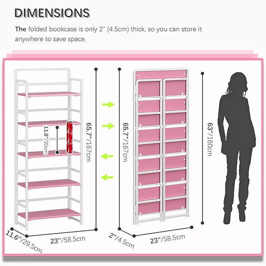 4NM No Assembly 5 Tiers Folding Bookshelf Storage Shelves Vintage Bookcase Standing Racks Study Organizer Home Office (Pink White) - ModernBath