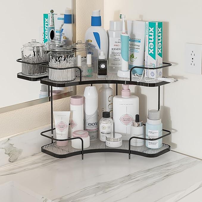 FOLLOWIN 2 Tier Bathroom Countertop Corner Organizer,Countertop Perfume Tray,Vanity Counter Shelf,Skincare Makeup Cosmetic Vanity Organizers,Elegant Black - ModernBath