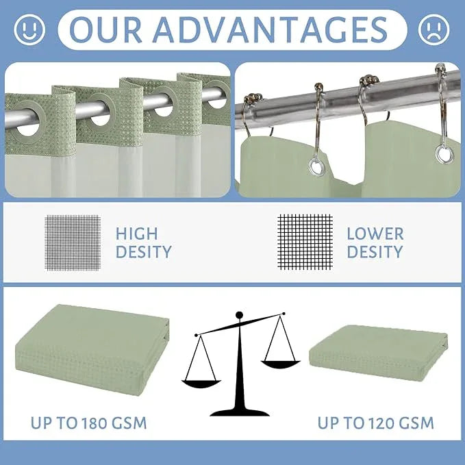 Furlinic Waffle Weave No Hook Shower Curtain with Snap in Fabric Liner Set,Heavy Duty Textured Bathroom Curtain with See Through Window,Waterproof & Machine Washable,Sage Green,71x72 Inch. - ModernBath