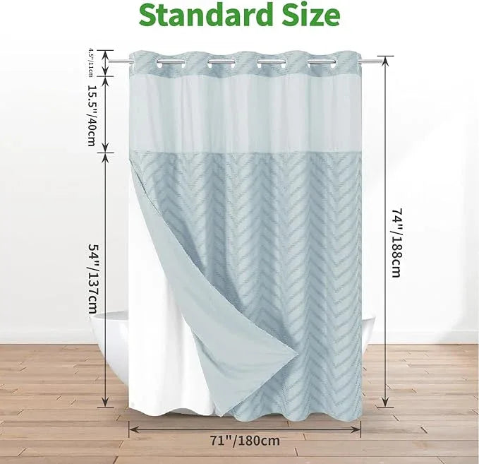eachope No Hook Boho Farmhouse Shower Curtain with Snap-in Fabric Liner set-71Wx74H(72H),Tufted Chevron Striped Hotel Grade Cloth Shower Curtains for Bathroom with Window,Water Repellent,Fog Blue - ModernBath