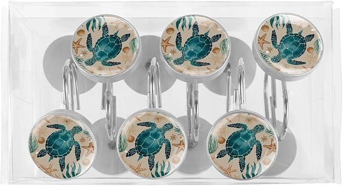 Vintage Nautical Ocean Turtle Shower Curtain Hooks, 12Pcs Decorative Rust Resistant Shower Rings for Shower Curtain Rods, Stainless Steel Round Curtain Hooks for Bathroom, Bedroom - ModernBath