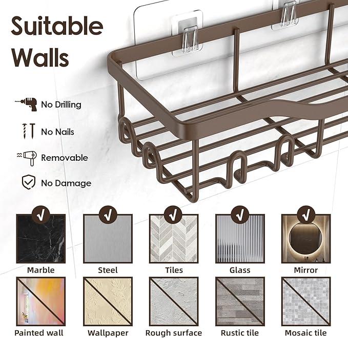 Shower Caddy Adhesive Shower Organizer 7-Pack, Rustproof Stainless Steel Bathroom Shelves, Large Capacity No-Drill Rack Storage Accessories with Soap Dish Toothbrush Holder Hooks (Brown) - ModernBath