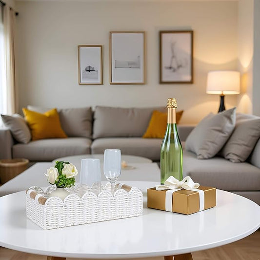 CubesLand Scalloped Edge Toilet Paper Storage Basket, Living Room Home Cozy Decor Basket, Paper Rope Small Baskets for Over Toilet Storage Shelf, End Table, Shelves, with 2 Wooden Handles, White