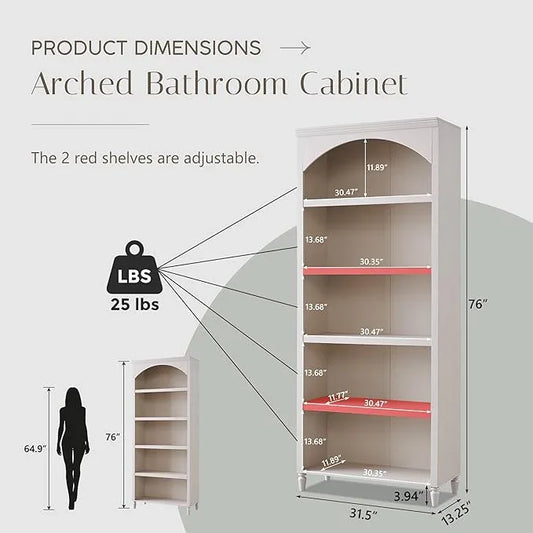 76" Tall Arched Bathroom Storage Cabinet, 5 Tiers Large Farmhouse Arched Cabinet w/Adjustable Shelves, Modern Wooden Storage Cabinet for Bathroom, Living Room, Entryway, Study Room (Cream) - ModernBath