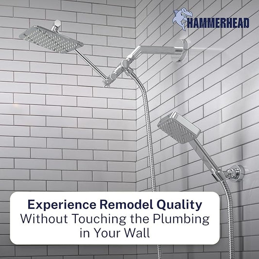 HammerHead® Solid Metal Dual Shower Head Combo — 8" Square Rain Shower Head with Handheld, 12" Adjustable Arm & Wall-Mount Holder for Flexible Installation — Chrome
