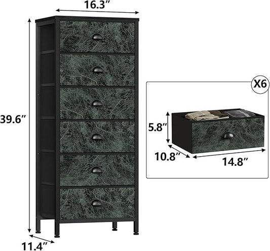 Furnulem Vertical Dresser for Bedroom,Tall Storage Tower Unit and Chest with 6 Drawers,Vintage Green Nightstand Furniture with Fabric Drawer Organizer in Dorm, Living Room,Closet,Entryway,Hallyway - ModernBath