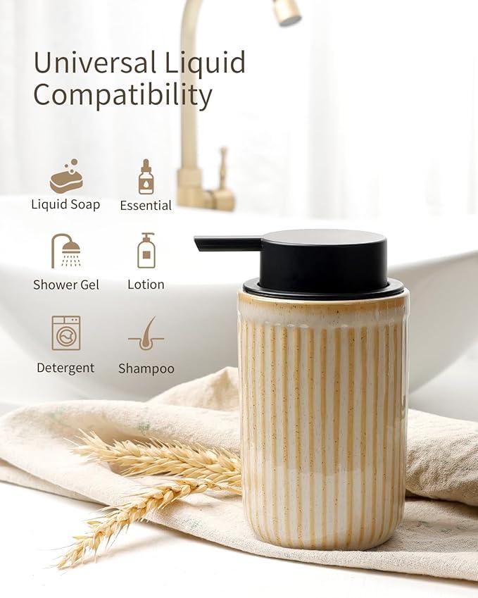 BosilunLife Foam Hand Soap Dispenser - Ceramic Foaming Soap Dispenser for Bathroom 12oz Refillable Liquid Lotion Soap Dispenser with Rust-Proof Foaming Pump for Countertop, Greige - ModernBath