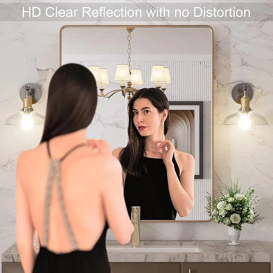 LOAAO 28”X36” Gold Bathroom Mirror, Rounded Rectangle Gold Frame Mirror, Brushed Gold Bathroom Vanity Mirror Wall-Mounted, Anti-Rust, Hangs Horizontally or Vertically - ModernBath